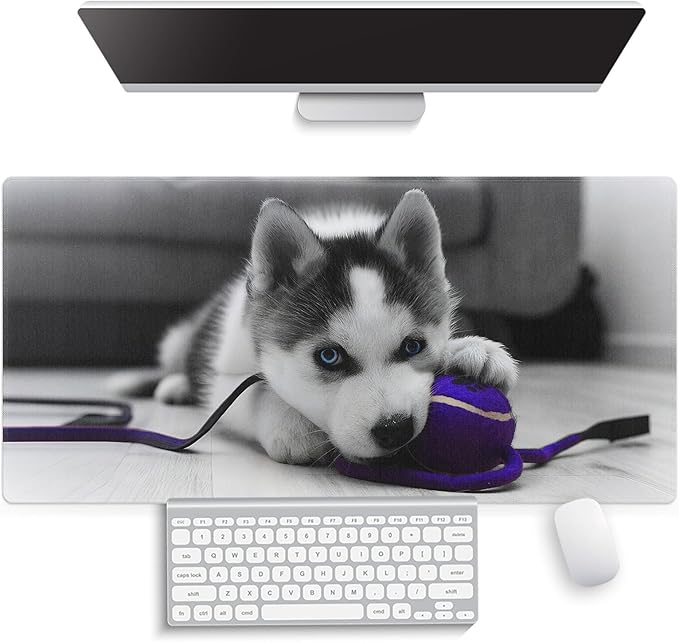 Large Gaming Mouse Pad (31.5" x 15.8") - Siberian Husky Pup Playing with Purple Ball Cute Puppy, Extra XXL Extended Office Accessories, Premium Stitched Anti-Slip Desk Mat