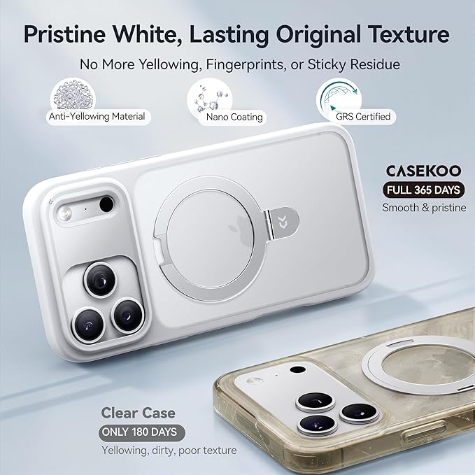 CASEKOO Ultra-Magnetic Stand for iPhone 17 Pro Max Case [Military Drop Protection] [Compatible with MagSafe] Shockproof Translucent Matte Slim Ring for iPhone 17 Pro Max Phone Case 6.9", White