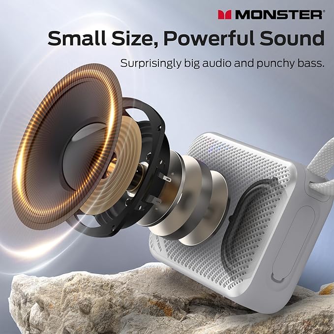 Monster S360 Portable Bluetooth Speaker, IPX7 Waterproof, Bluetooth 6.0, 20H Playtime, Powerful Stereo Sound, Support TF Card, Clear Hands-Free Calling Speaker for Home, Outdoors and Travel, Gray