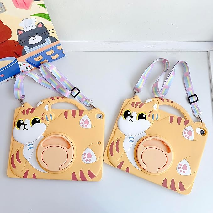 3D Cute Vivid Cat Case for iPad Air 1st 2nd/iPad Pro 2016/iPad 5th 6th 9.7 inch,Kawaii Cartoon Character Pretty Cat Soft Silicone Rotating Stand Case with Lanyard for Kids Teens Girls Women