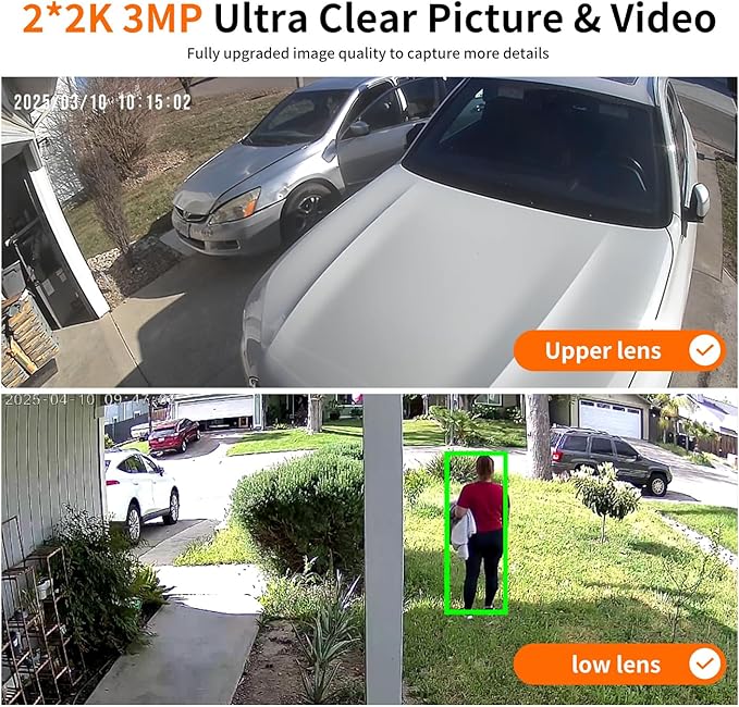 LETSCEE Dual Lens Security Cameras Wireless Outdoor，Solar Cameras for Home Security，Motion Detection,Night Vision,No Month Fee,IP65 Water Proof