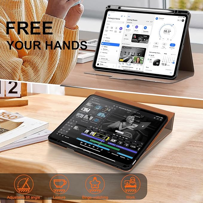 for iPad Air 13 inch Case 2024/2025/2026 M4/M3/M2 Model, Premium Smart Folio Cover with Auto Wake/Sleep, Apple Pencil 2 Holder, Multi-Angle Stand and Secure Buckle Closure (Brown)