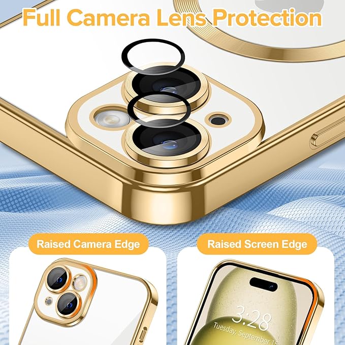 Hython Magnetic Clear for iPhone 15 Case with Camera Lens Protector [Compatible with MagSafe] Luxury Plating Edge Slim Soft TPU Cover Protective Phone Case for iPhone 15 6.1", Gold