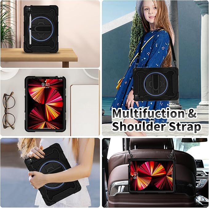 For iPad Air 5th 4th Generation 10.9 inch Case with Screen Protector [15ft Drop Protection] iPad Pro 11 Case 4th 3rd 2nd 1st Gen (2022 2021 2020 2018) for Kids W/ 360 Stand Hand/Shoulder Strap