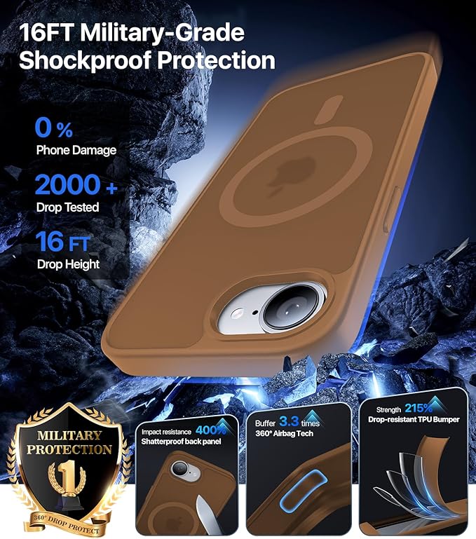 Eastinbox Magnetic Shockproof for iPhone 17e & iPhone 16e Case [Compatible with MagSafe] [Military-Grade Protection] Anti-Yellowing, Matte Protective Phone Case for iPhone 17 e/16 e 6.1", Brown