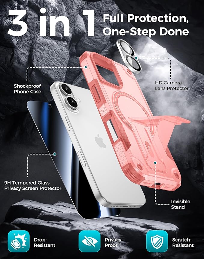 Goton for iPhone 16 Case with Privacy Tempered Glass Screen Protector & Camera Lens Protector, Compatible with MagSafe, Invisible Kickstand, Shockproof Phone Cover for iPhone16, Pink
