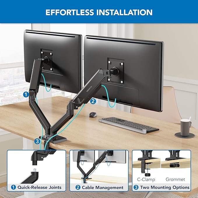 Mount-It! Dual Monitor Mount, Full Motion Spring Arms, Fits 17–32″ Screens up to 19.8 lbs Each, VESA 75x75 & 100x100, Tilt/Swivel/Rotate, Clamp or Grommet Dual Monitor Desk Mount