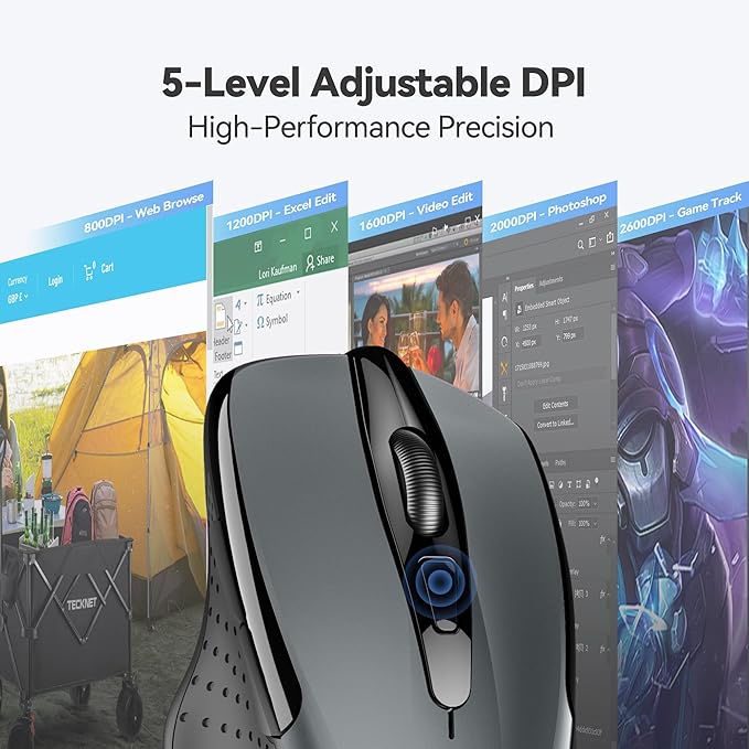 TECKNET Wireless Mouse, 2.4G Ergonomic Optical Mouse, Computer Mouse for Laptop, PC, Computer, Chromebook, Notebook, 6 Buttons, 24 Months Battery Life, 2600 DPI, 5 Adjustment Levels - Grey