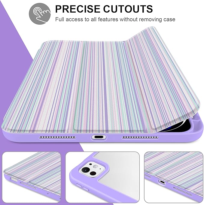 TWOLSKOO Case for iPad Pro 11-inch (M5 2025 / M4 2024), Clear Acrylic Back with TPU Bumper, Pencil Holder, Trifold Stand, Auto Sleep/Wake, Purple Stripes