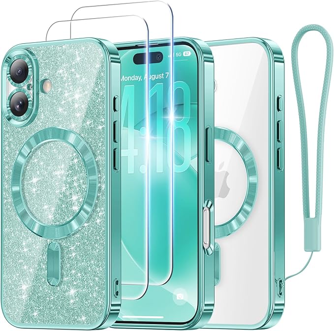 Meifigno Designed for iPhone 17 Case 6.3", [Glitter Card & Wrist Strap] [Compatible with MagSafe] [2X HD Screen Protectors] Surround Raised Lens Protection for iPhone 17 Case 6.3 Inch, Teal