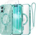Meifigno Designed for iPhone 17 Case 6.3", [Glitter Card & Wrist Strap] [Compatible with MagSafe] [2X HD Screen Protectors] Surround Raised Lens Protection for iPhone 17 Case 6.3 Inch, Teal