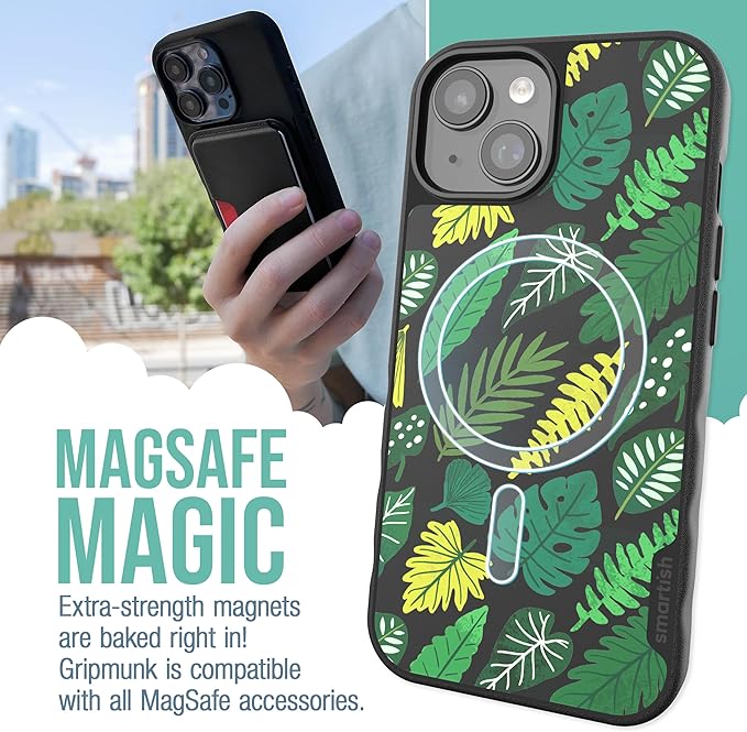 Smartish® iPhone 15 Magnetic Case - Gripmunk Compatible with MagSafe [Lightweight + Protective] Slim/Thin Grip Cover with Microfiber Lining for Apple iPhone 15 - Leaf Me Alone