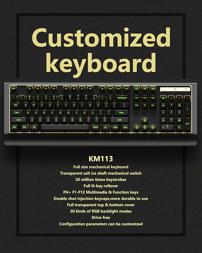 104-key Full-Size Gaming Mechanical Keyboard, Transparent keycap RGB Backlight, Salt ice switches, hot-swappable feet, no Conflict in All Keys, Supports USB-C/Bluetooth/Wireless 2.4G