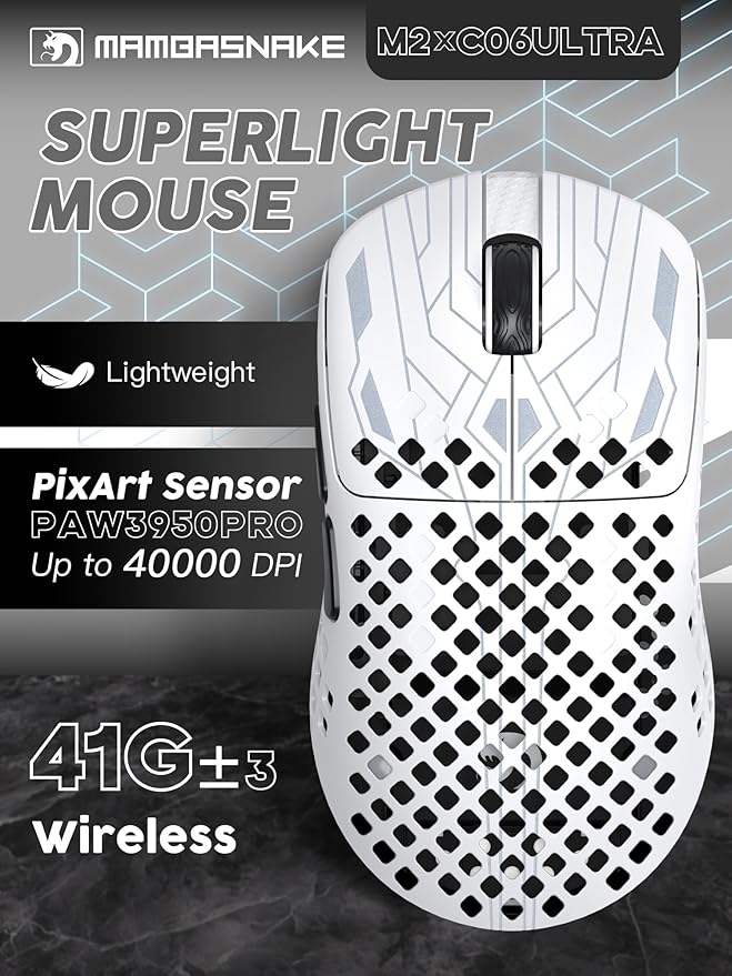 MAMBASNAKE M2 Carbon Fiber Wireless Gaming Mouse, PAW3395PRO 40K DPI, 1K Polling Rate 41g Ultralight Tri-Mode Ergonomic PC Mice, Cloud Driver AI Driver for PC/Mac/Win,White