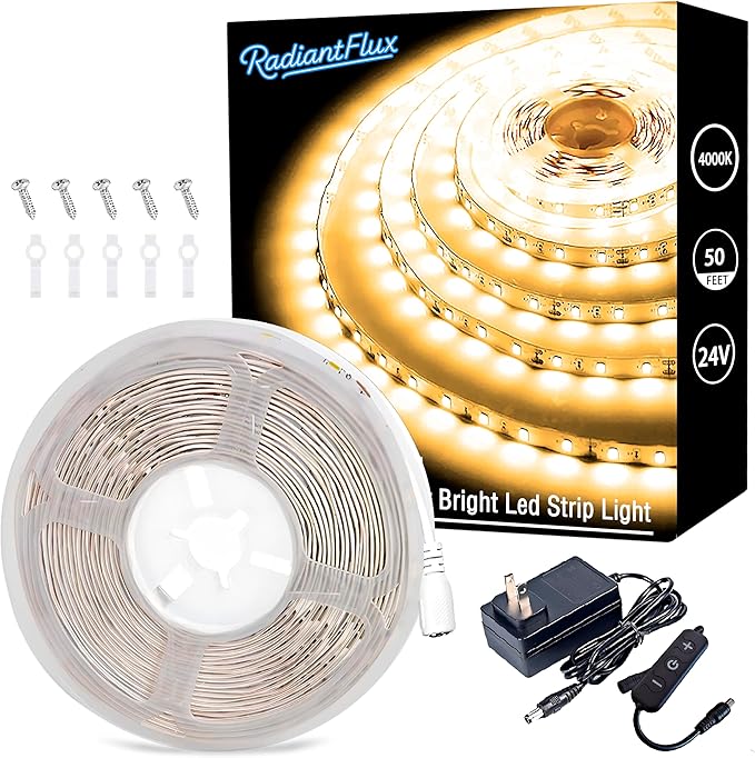 RadiantFlux 50Ft 4000K Flexible LED Strip Lights, Natural Glow Indoor Strips, Dimmable Super Bright Tape Lights for Living Room, Kitchen and Vanity Mirror