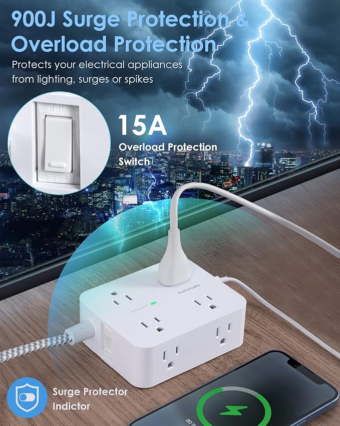 6Ft Surge Protector Power Strip with USB C, HANYCONY Extension Cord with 8 Outlets(2.2 IN) 4 USB Ports(2 USB C), Flat Plug, Wall Mount, 3 Side Outlet Extender for Home Dorm Room Essentials, ETL Listed