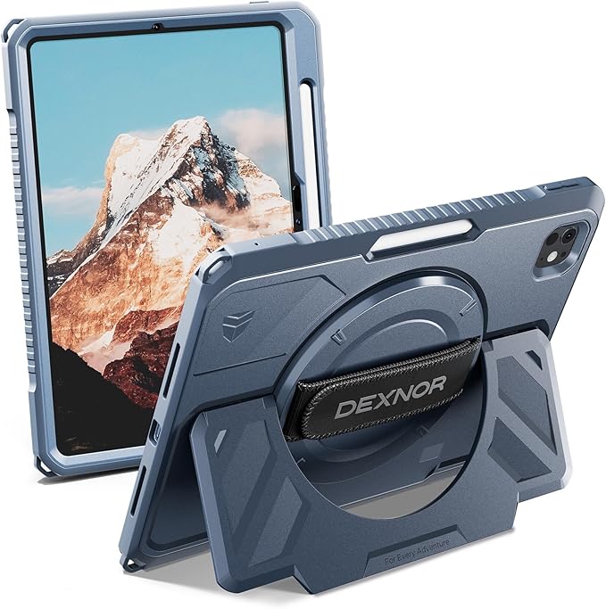 Dexnor for iPad Pro 11 inch Case M5 2025/M4 2024, Rugged Protective Case with 360° Rotating Hand Strap & Large Steady Stand & Screen Protector & Pencil Holder Shockproof Full-Body Bumper Cover, Blue