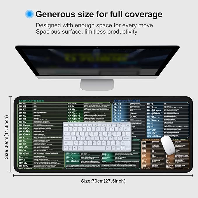 secret corner excel&Word&Windows&powerpoint Cheat Sheet Mousepad,Extra Large Office Desk Accessories Desk mat,Office Keyboard Shortcuts Mouse pad, Non-Slip for Computer Gaming Mouse pad 27.6"x11.8"