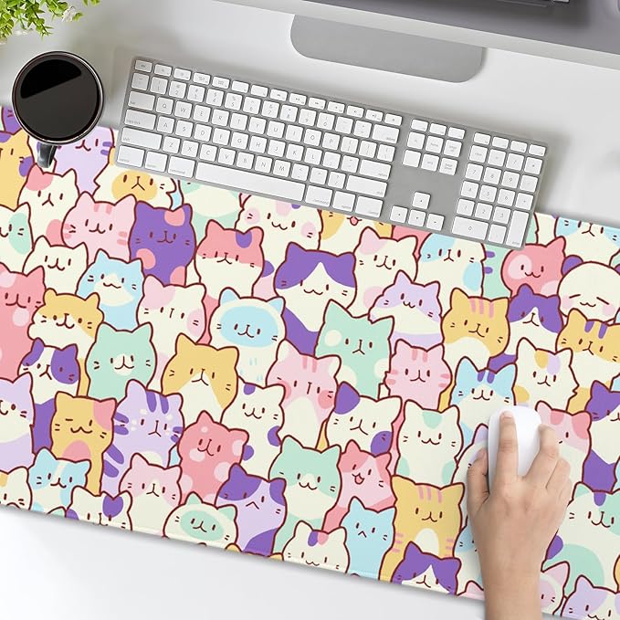 Cute Cat Mouse Pad XXL Large 35.4"x15.8" Extended Gaming Mousepad Kawaii Cat Mouse Mat for Women Desk Mat with Stitched Edges XXL Non-Slip Base Computer Keyboard Pad for Home Office Work Gamer