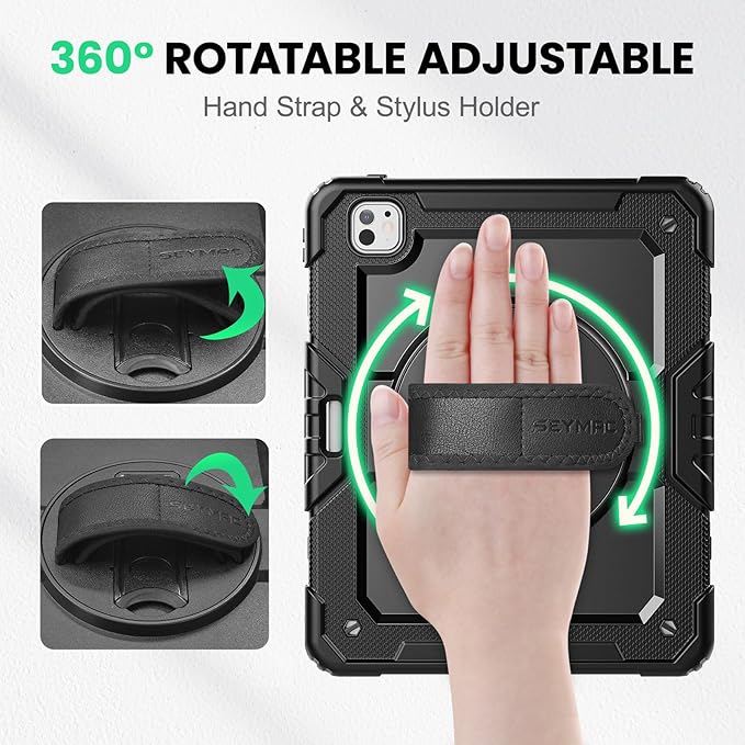 SEYMAC Case for iPad Pro 13 Inch M5 2025 / M4 2024, Heavy Duty Shockproof Protective Case with Screen Protector, 360° Rotating Stand, Hand/Shoulder Strap and Pen Holder, Black