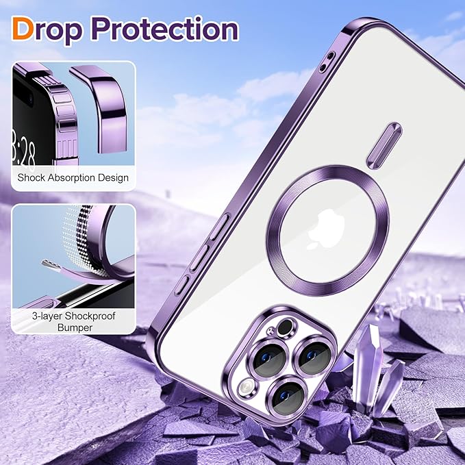 Hython Magnetic Clear for iPhone 16 Pro Case with Camera Lens Protector [Compatible with MagSafe] Luxury Plating Edge Slim Soft TPU Cover Protective Phone Case for iPhone 16 Pro 6.3", Deep Purple