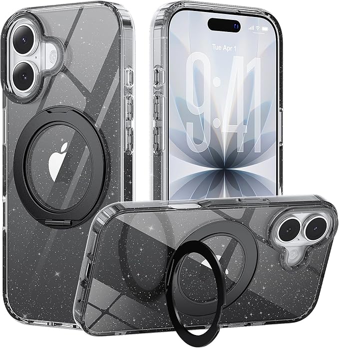 360° Ring Stand for iPhone 17 Case, Compatible with MagSafe, Military-Grade Protective,Anti-Yellowing, Scratch-Resistant Back Cover Phone Case for iPhone 17 6.3", Clear Black Glitter Stand