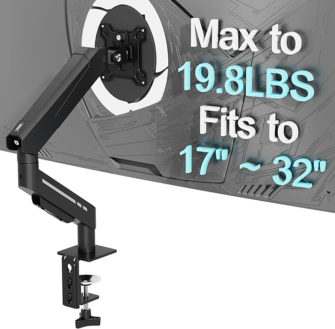 THEARK Single Monitor Desk Mount 17"-32" Screens - Adjustable Gas Spring Monitor Arm Computer Monitor Stand up to 19.8 lbs,VESA Arm Desk Mount with C-Clamp and Grommet Base,VESA 75x75/100x100mm,Black
