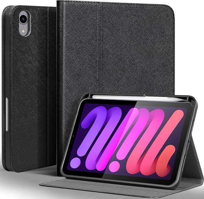 Gexmil Leather Case for iPad mini 7 (A17 Pro) 2024 / iPad mini 6 Generation 2021 8.3 Inch,Premium Cowhide Cover with Pencil Holder,Adjustable Stand, Auto Wake/Sleep,Palm-Print Black
