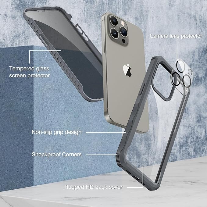 CENHUFO Privacy for iPhone 15 Pro Case, Full Body Phone Case with Built-in 9H Tempered Glass Privacy Screen Protector and Camera Lens Protector, Anti Peep Spy Shockproof Bumper Clear Cover - Grey