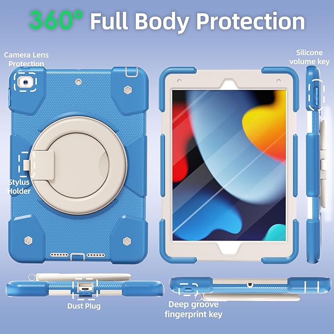 Andnary Case for iPad 9th/8th/7th Generation 10.2 inch, Shockproof Cover with Screen Protector/360° Rotate Stand/Pencil Holder/Shoulder Strap, Kids Case for iPad 2021/2020/2019 (Blue+White)