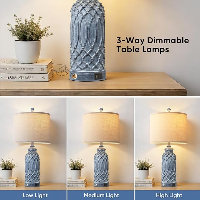 Woven Resin Table Lamps Set of 2, Farmhouse Table Lamps with USB Ports, Touch Button Switch Beside Lamps, Resin Desk Lamp, Linen Shade, Nightstand Lamp for Living Room Bedroom Decor (2 Bulbs Included)