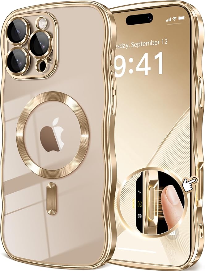 GVIEWIN for iPhone 16 Pro Max Case Compatible with MagSafe, Upgraded [Full Camera Protection][Cute Wave Frame][Military Grade Protection] Electroplated Soft Phone Cover for Women Girl, Clear/Gold