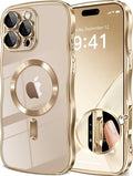 GVIEWIN for iPhone 16 Pro Max Case Compatible with MagSafe, Upgraded [Full Camera Protection][Cute Wave Frame][Military Grade Protection] Electroplated Soft Phone Cover for Women Girl, Clear/Gold