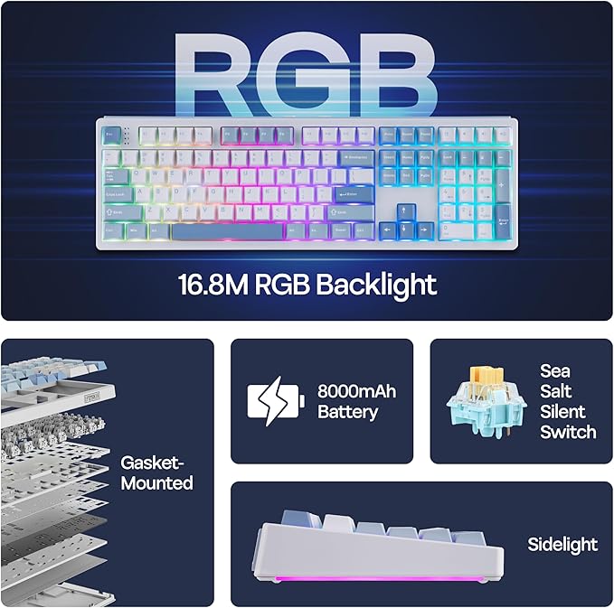 MechLands EPOMAKER TH108 Full Size Mechanical Keyboard, Wireless Gaming Keyboard, 8000mAh Battery, Creamy Gasket, 108 Keys, Hot Swap, Custom Driver, RGB Backlights (Blue&White, Sea Salt Silent Switch)