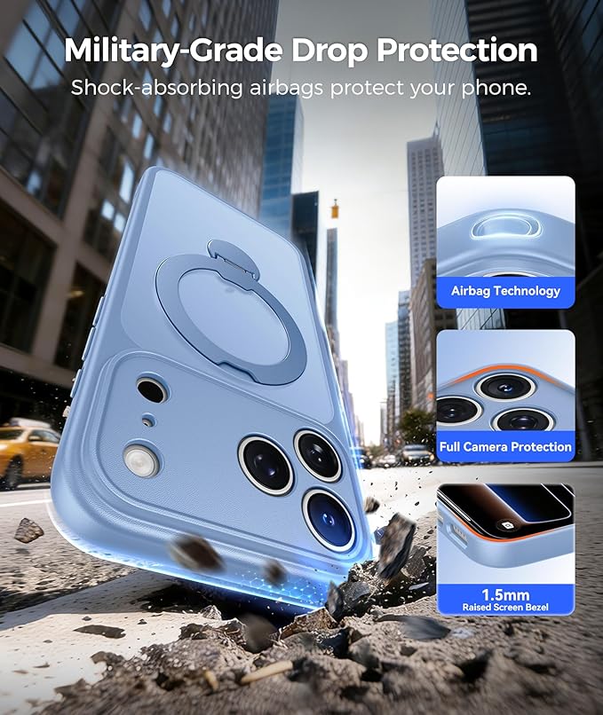 FNTCASE for iPhone 17 Pro-Max Case: [360 Spin Magnetic Stand] [Compatible with Magsafe] [Screen Protector] Translucent Matte Military Grade Shockproof Full Camera Protective Phone Cover - Light Blue