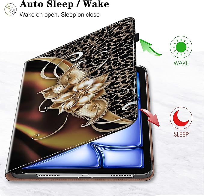 Case for iPad Air 13 inch M4 2026/M3 2025/M2 2024 with Pencil Holder & Card Slots & Auto Sleep, Embossed PU Leather Stand Magnetic Shockproof Cover Case for iPad Air 13 - Metallic Flower