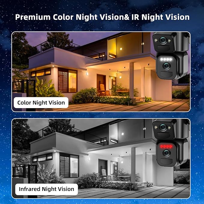 4K Solar Security Cameras Wireless Outdoor Battery Powered, 5GHz & 2.4GHz Dual Lens Bullet & 360° PTZ Outdoor Security Camera with Solar Panel, Digital Zoom, Night Vision,PIR Sensor (1Pack)