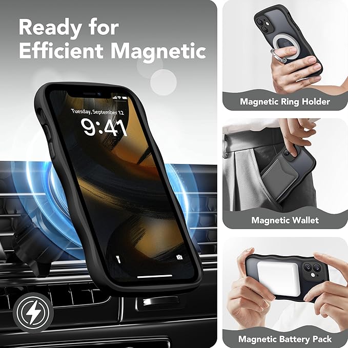 CAPRARO Cute for iPhone 11 Case, Compatible with MagSafe, [Curly Wave Edge] [Full Camera Protection] [14 FT Drop Protection] Magnetic Phone Case for 11 6.1 Inch, Black