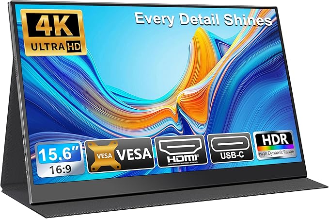 UFYQL 4K Portable Monitor 15.6 Inch, USB-C Laptop Screen with Metal Body & Magnetic Smart Cover, UHD IPS Second Display for MacBook PC, VESA Mountable Travel Monitor