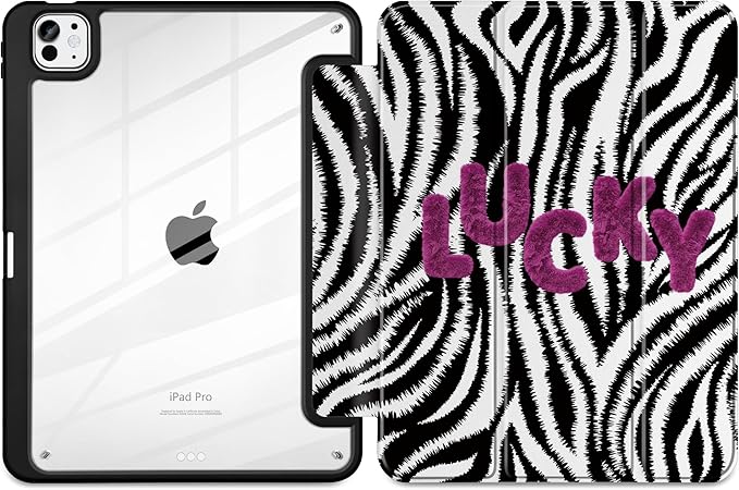 TWOLSKOO Case for iPad Pro 11-inch (M5 2025 / M4 2024), Clear Acrylic Back with TPU Bumper, Pencil Holder, Trifold Stand, Auto Sleep/Wake, Zebra Stripes