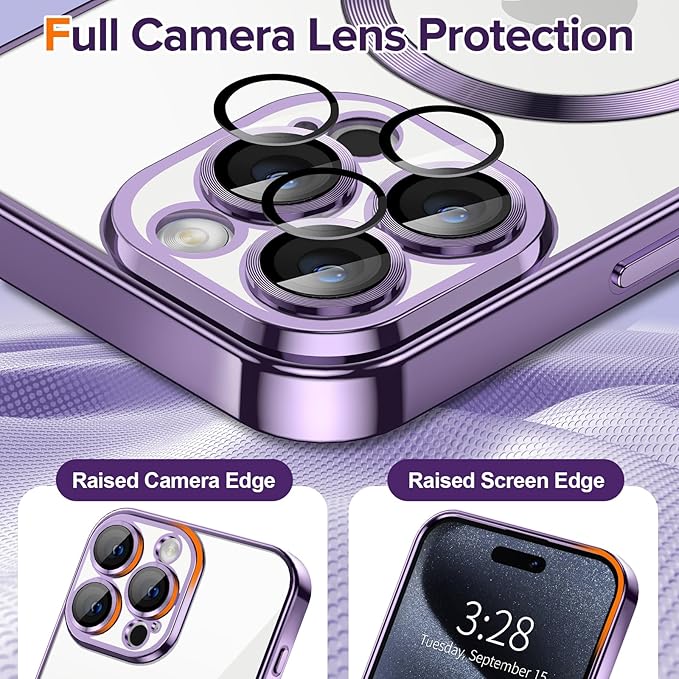 Hython Magnetic Clear for iPhone 15 Pro Max Case with Camera Lens Protector [Compatible with MagSafe] Plating Edge Slim Soft TPU Cover Protective Phone Case for iPhone 15 Pro Max 6.7", Deep Purple
