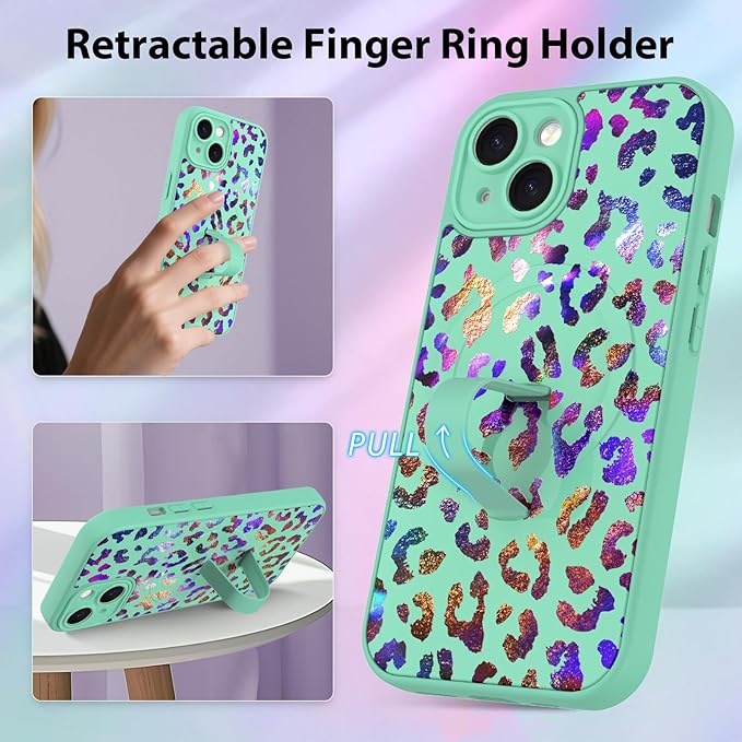 KANGHAR Compatible with iPhone 15 Case, Support for MagSafe, Silicone Cute Iridescent Leopard Cheetah Pattern, Wristband Kickstand Shockproof Protective Slim Cover for Women Girls, Green