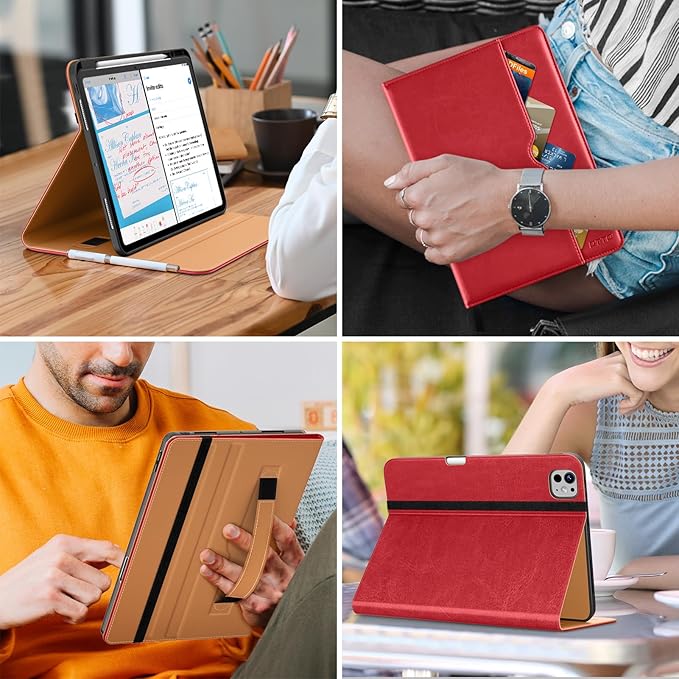 DTTO for iPad Pro 13 inch Case (M5/M4) 2025/2024, Premium Leather Business Folio Stand Cover with Pencil Holder - Auto Wake/Sleep & Multiple Viewing Angles, Built in Hand Strap & Pocket, Red