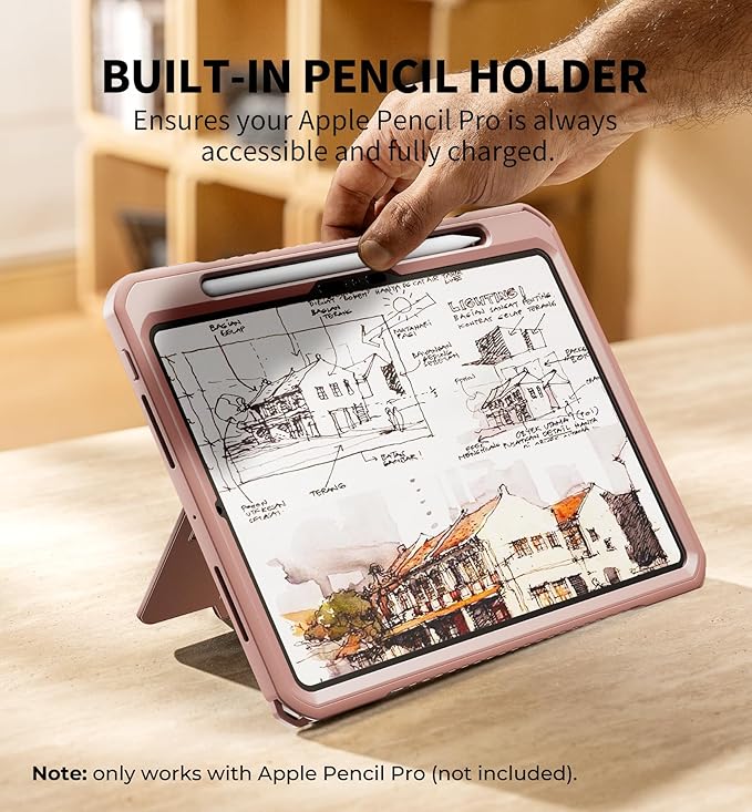 Dexnor for iPad Pro 11 inch Case M5 2025/M4 2024, Rugged Protective Case with 360° Rotating Hand Strap & Large Steady Stand & Screen Protector & Pencil Holder Shockproof Full-Body Bumper Cover, Pink