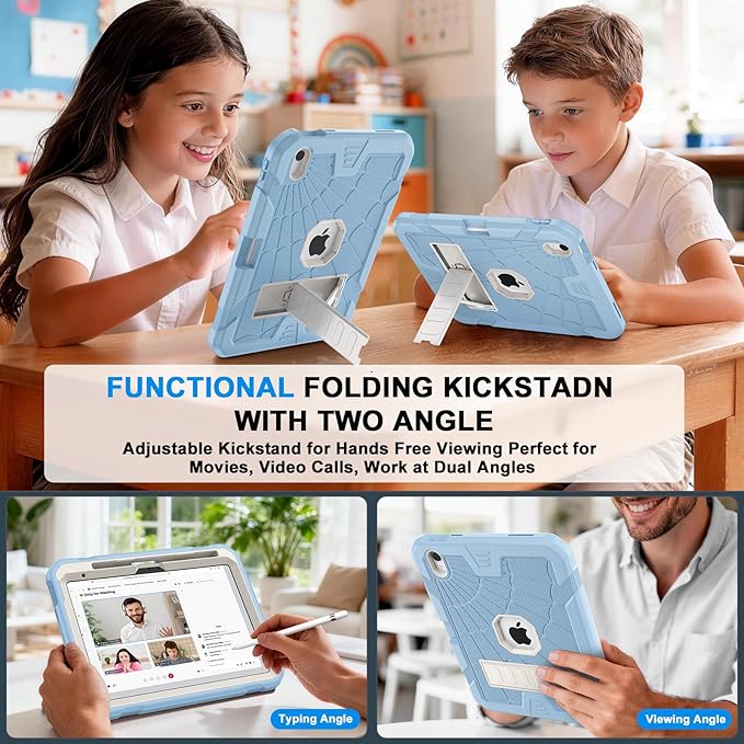 Sibeitu Case for iPad 11-Inch A16 2025 & 10th Generation 10.9 Inch 2022, Shockproof Rugged iPad 10 Case with Built-in Pencil Holder & Stand, Hard 10th Gen iPad 10.9 inch Cover for Kids Boys, Sky Blue