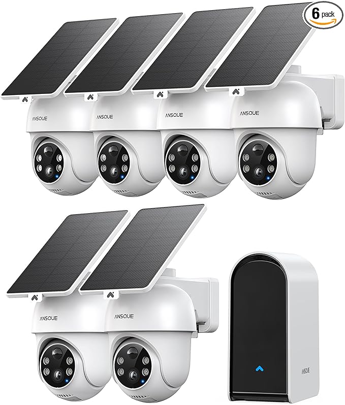 ANSQUE Security Cameras Wireless Outdoor Home System, 6 Camera Kit, No Subscription Fees, Solar Powered, Local Storage, 365-Day Battery Life, 360°PTZ Surveillance, Auto Tracking, 2K Color Night Vision