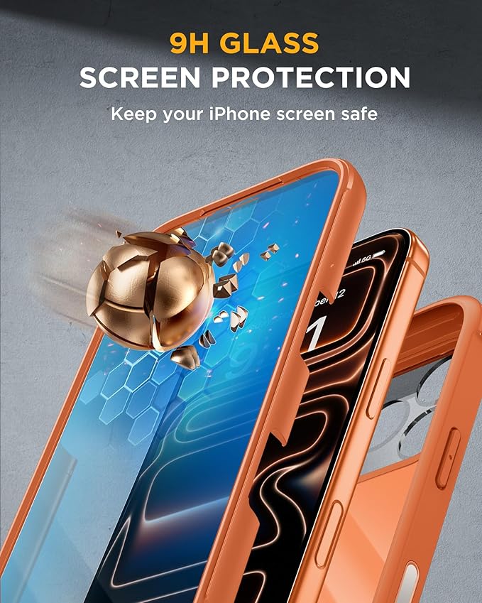 Miracase for iPhone 17 Pro Max Case with 360° Magnetic Ring Stand [Compatible with Magsafe] Full-Body Drop Proof Bumper Phone Case with Built-in 10H Tempered Glass Screen Protector,Orange