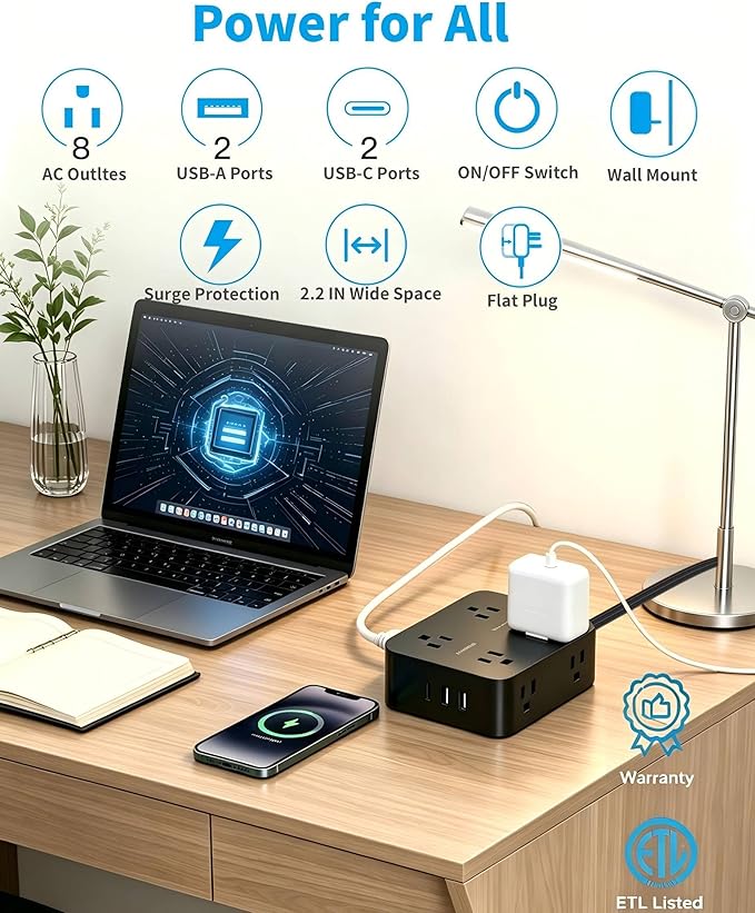 10 Ft Power Strip Flat Plug, Extension Cord Surge Protector with 8 Outlets and 4 USB Ports (2 USB C), Ultra Thin Flat Wall Plug, 1080J Surge Protection, Mountable Charging Station for Dorm, Office