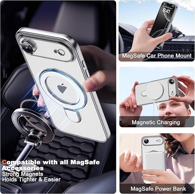 Compatible with iPhone 17 Air Case with Invisible Magnetic Ring Stand [Compatible with Mag-Safe] [Full Camera Lens Protector] Plating Clear Phone Case for iPhone 17 Air 6.5", Silver