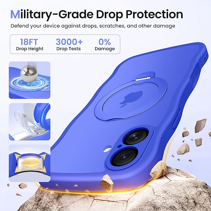 CAPRARO for iPhone 16 Case with 360° Spin Magnetic Stand for Women, [Compatible with MagSafe] [Full Camera Protection] Cute Wave Translucent Matte Case for iPhone 16, Ultramarine
